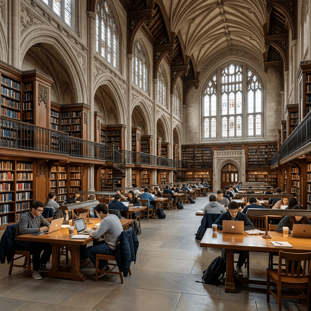 Photorealistic grand Ivy League library interior with students
